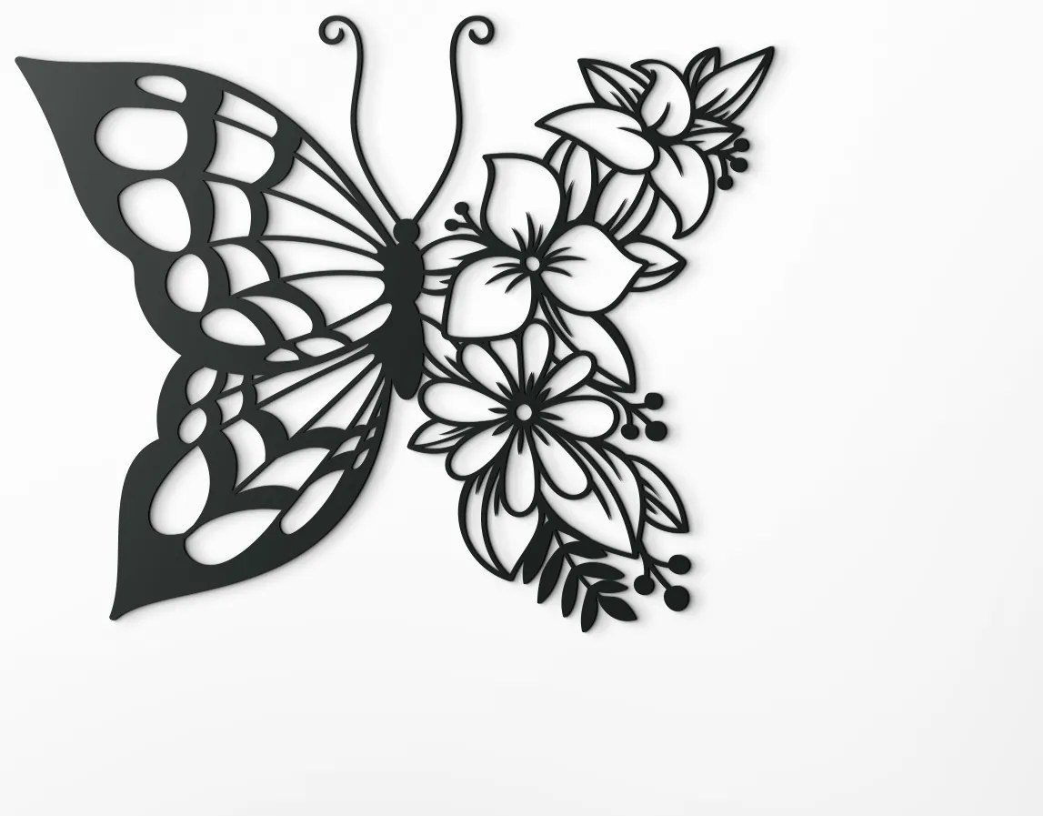 drevko Drevená nálepka Kvetinový motýľ Rozmer obrazu: 26,5 x 32,5 cm, Farba dekorácie: Čierna