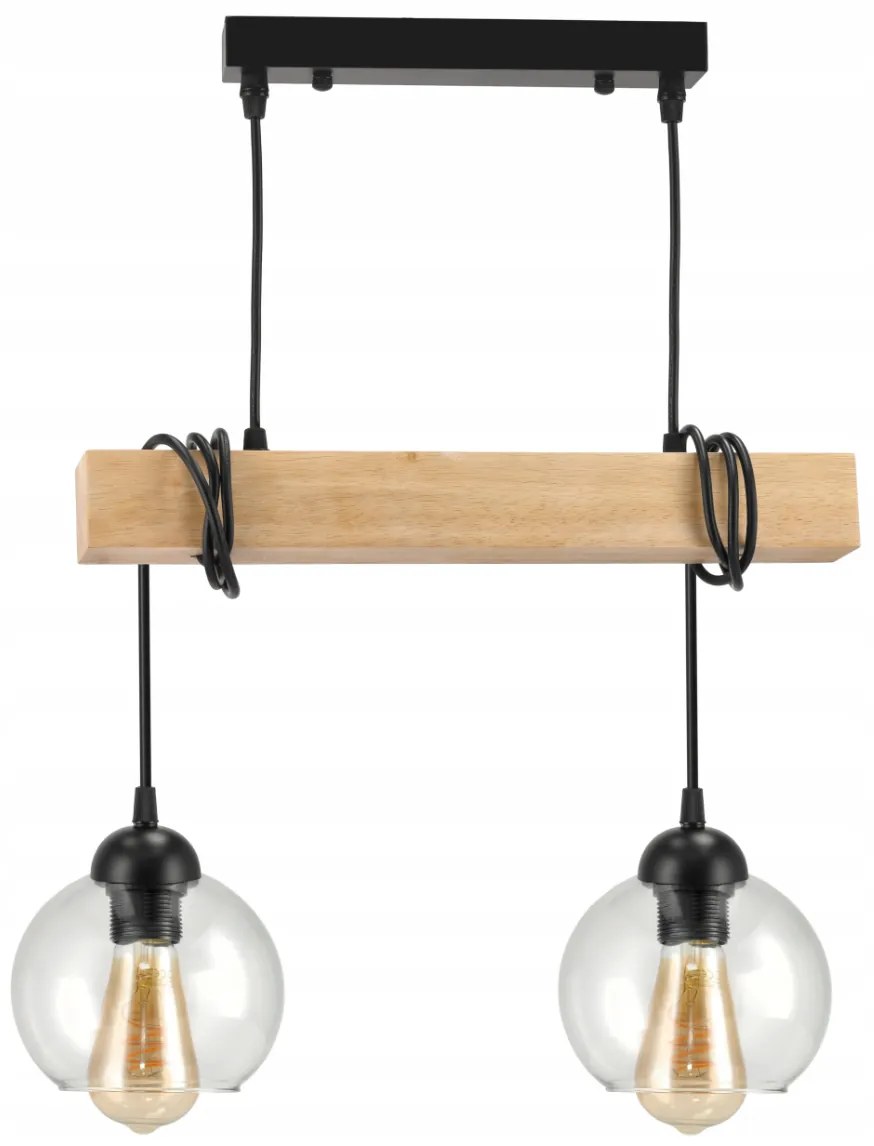 BERGE Závesné stropné svietidlo LED drevený trám 2xE27 Lustrová guľa bezfarebná