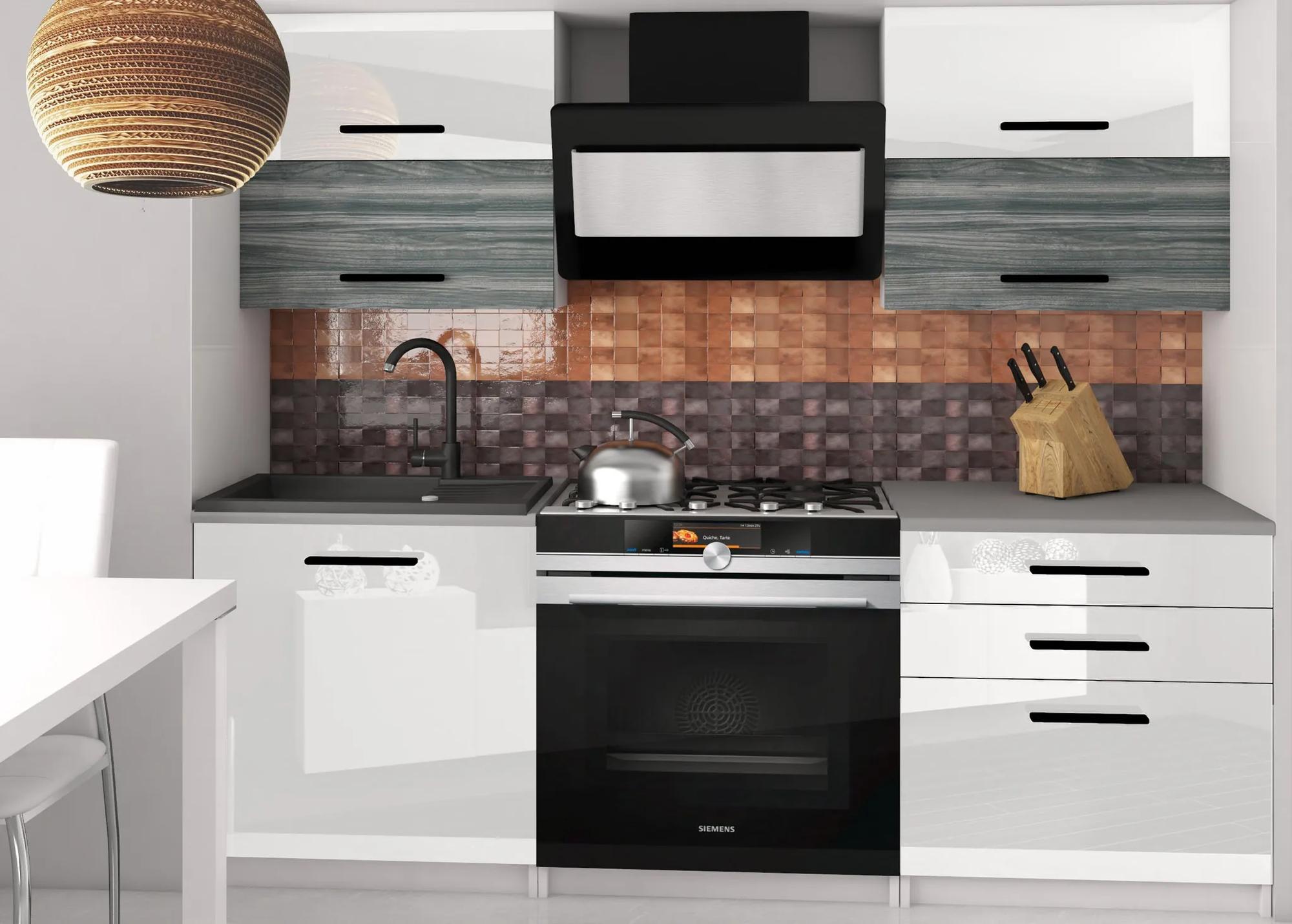Kuchynská linka Belini 120 cm biely lesk / šedý antracit Glamour Wood pracovnou doskou Eleganta2 INF ELEGANTA2/2/WT/WGW1W/0/B1
