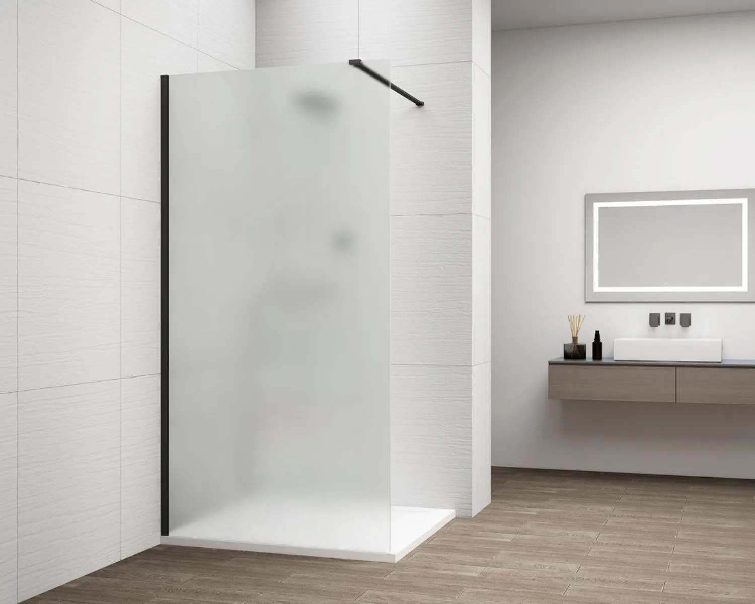 Erga Paris, sprchová zástena Walk-In 130x200 cm, 8mm sklo námraza, čierny profil, ERG-V02-PARIS-130x200-FR-BK