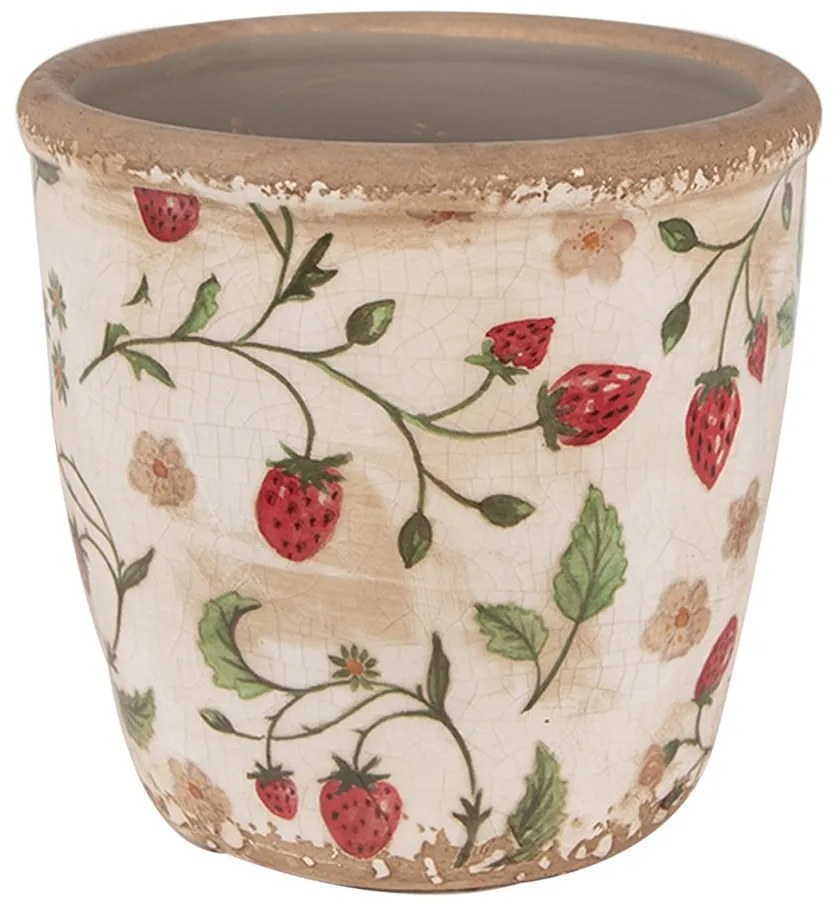 Béžový keramický obal na kvetináč s jahôdkami Wild Strawberries S - Ø 14*13 cm