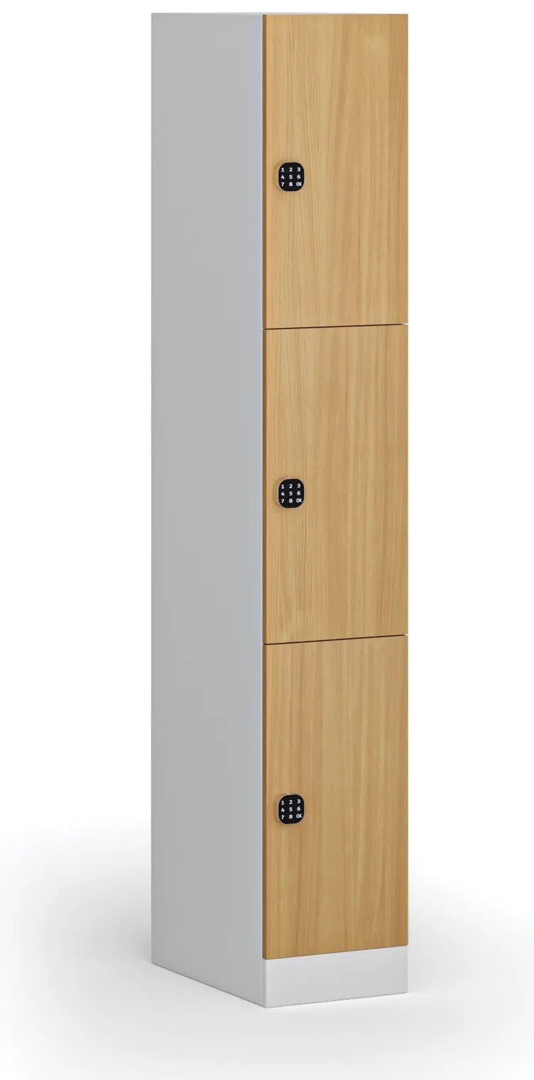 Šatníková skrinka S1 s úložnými boxmi, 3 boxy, 1850 x 300 x 500 mm, demont, kódový zámok, laminované dvere, buk