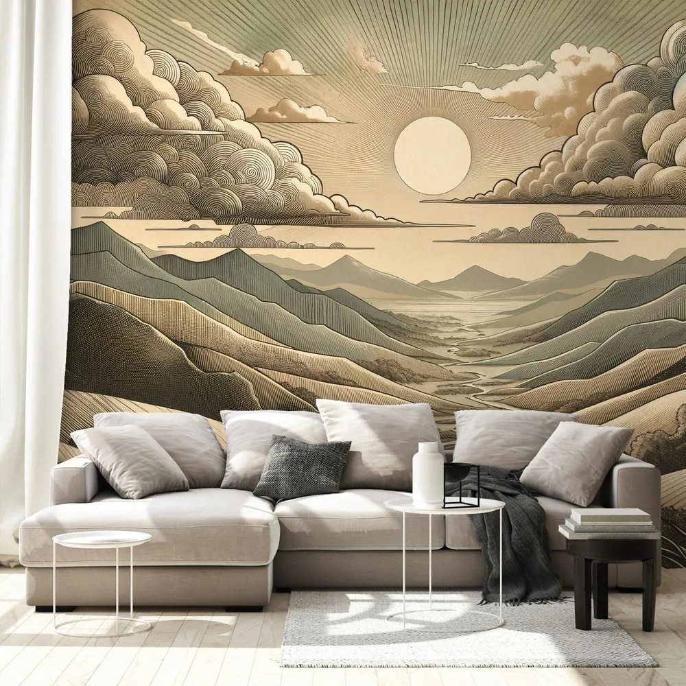 Tapeta vintage krajina s horami a slnkom