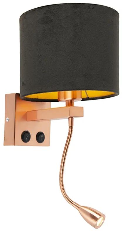 Moderná nástenná lampa medená s čiernym zamatovým tienidlom - Brescia