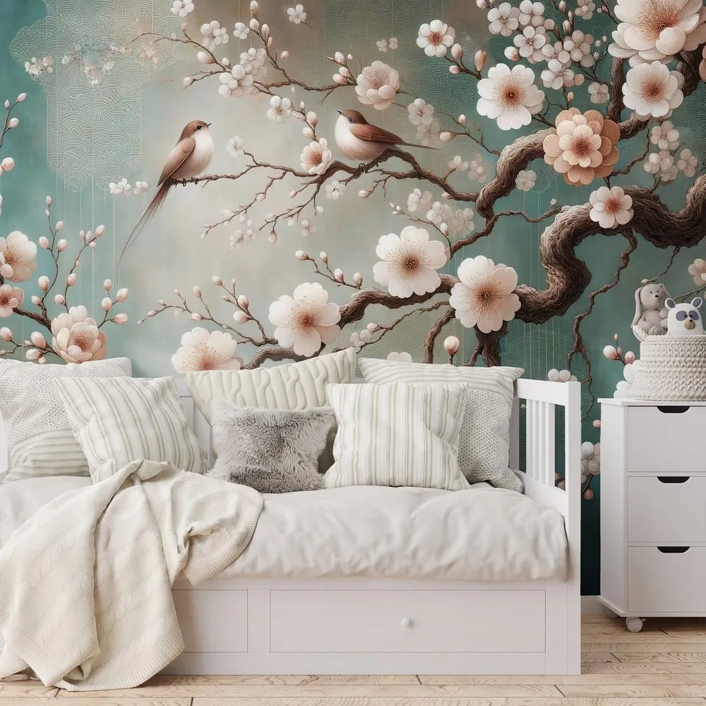 Tapeta jemné kvety a vtáčiky na vetvách