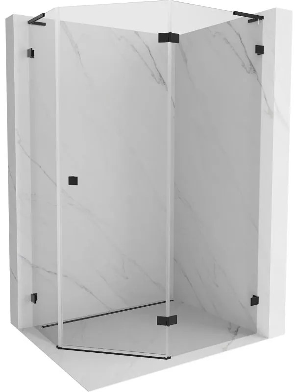 Mexen Lunar, L pravý výklopný päťuholníkový sprchový kút 100 x 90 cm, 8mm číre sklo, čierny profil, 831L-100P-090L-70-00-P