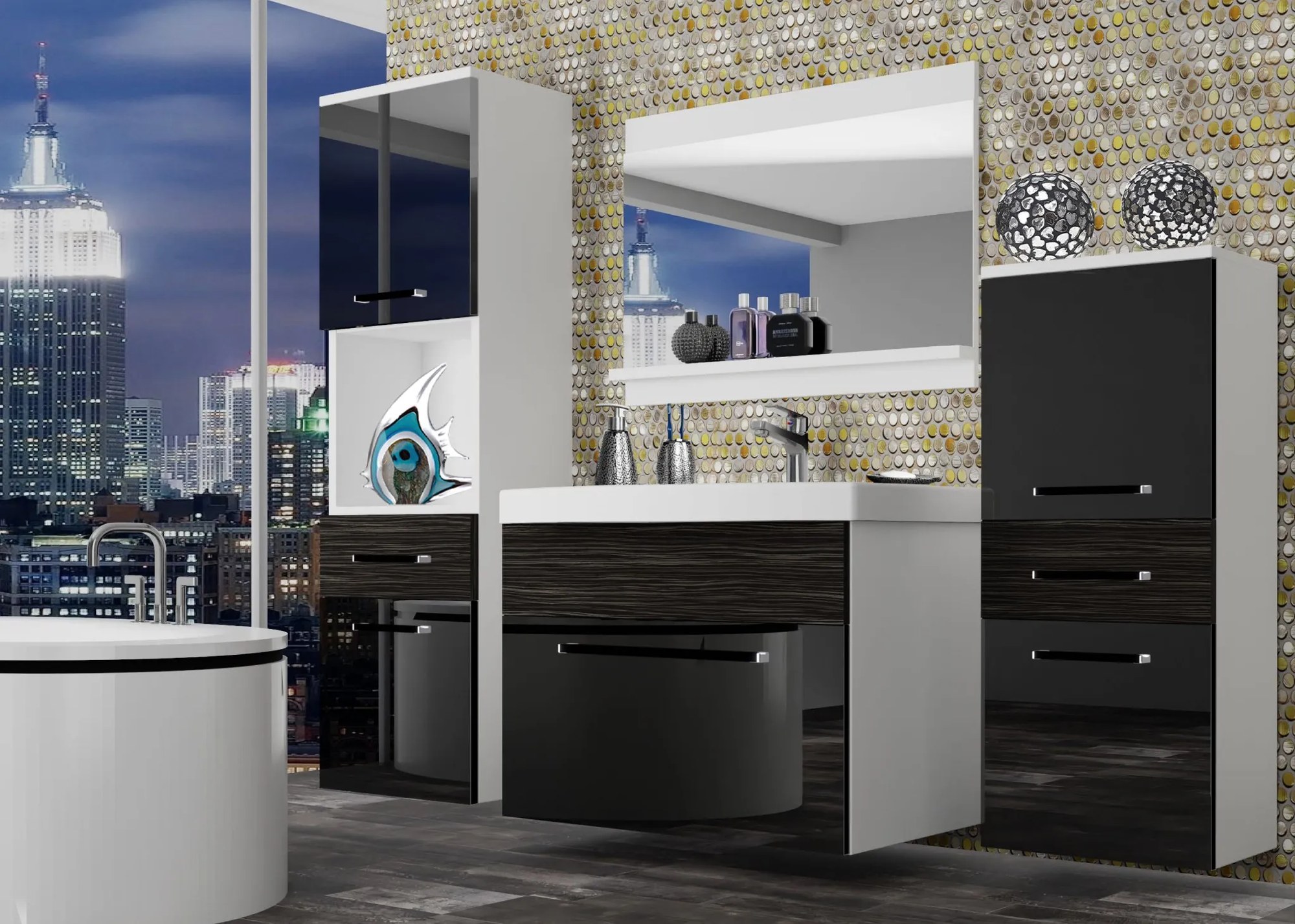 Kúpeľňový nábytok Belini čierny lesk / eben kráľovský + umývadlo + zrkadlo ROD PM 5/0/W/BHK/0/ZW