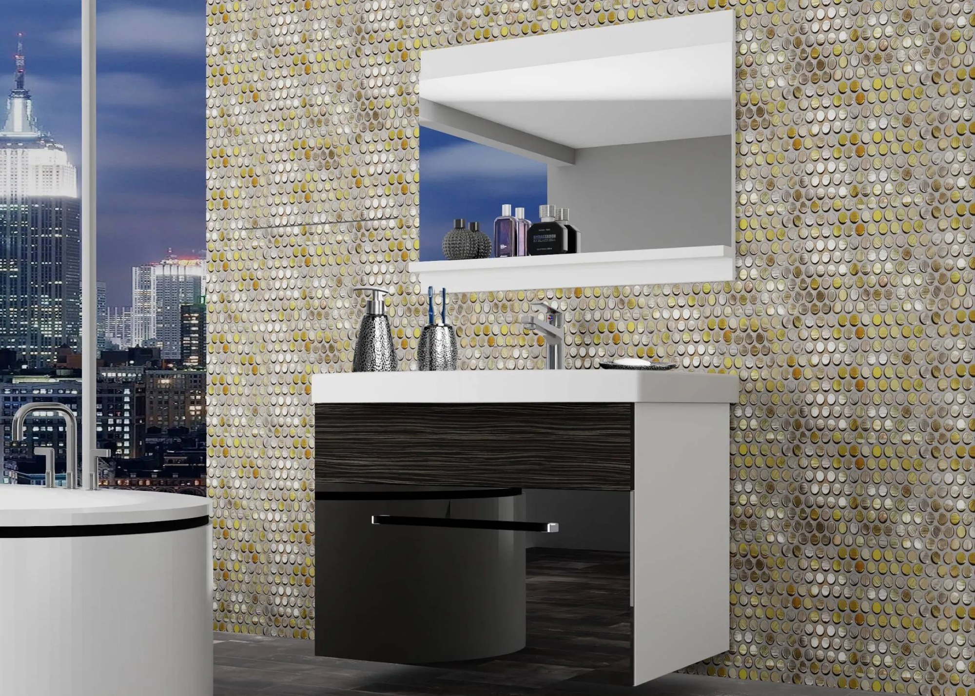 Kúpeľňový nábytok Belini čierny lesk / eben kráľovský + umývadlo + zrkadlo ROD PM 1/0/W/BHK/0/ZW