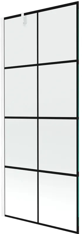 Mexen Next, vaňová zástena 1-krídlová 80 x 150 cm, fixné krídlo, 6 mm číre sklo s čiernym vzorom, biely profil, 895-080-000-00-77-20