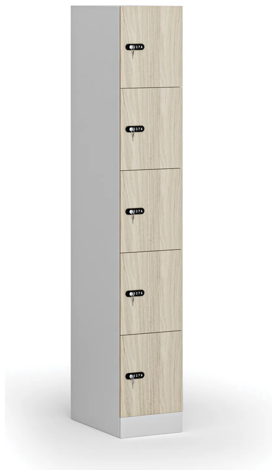 Šatníková skrinka S1 s úložnými boxmi, 5 boxov, 1850 x 300 x 500 mm, demont, mechanický kódový zámok, laminované dvere, dub prírodný