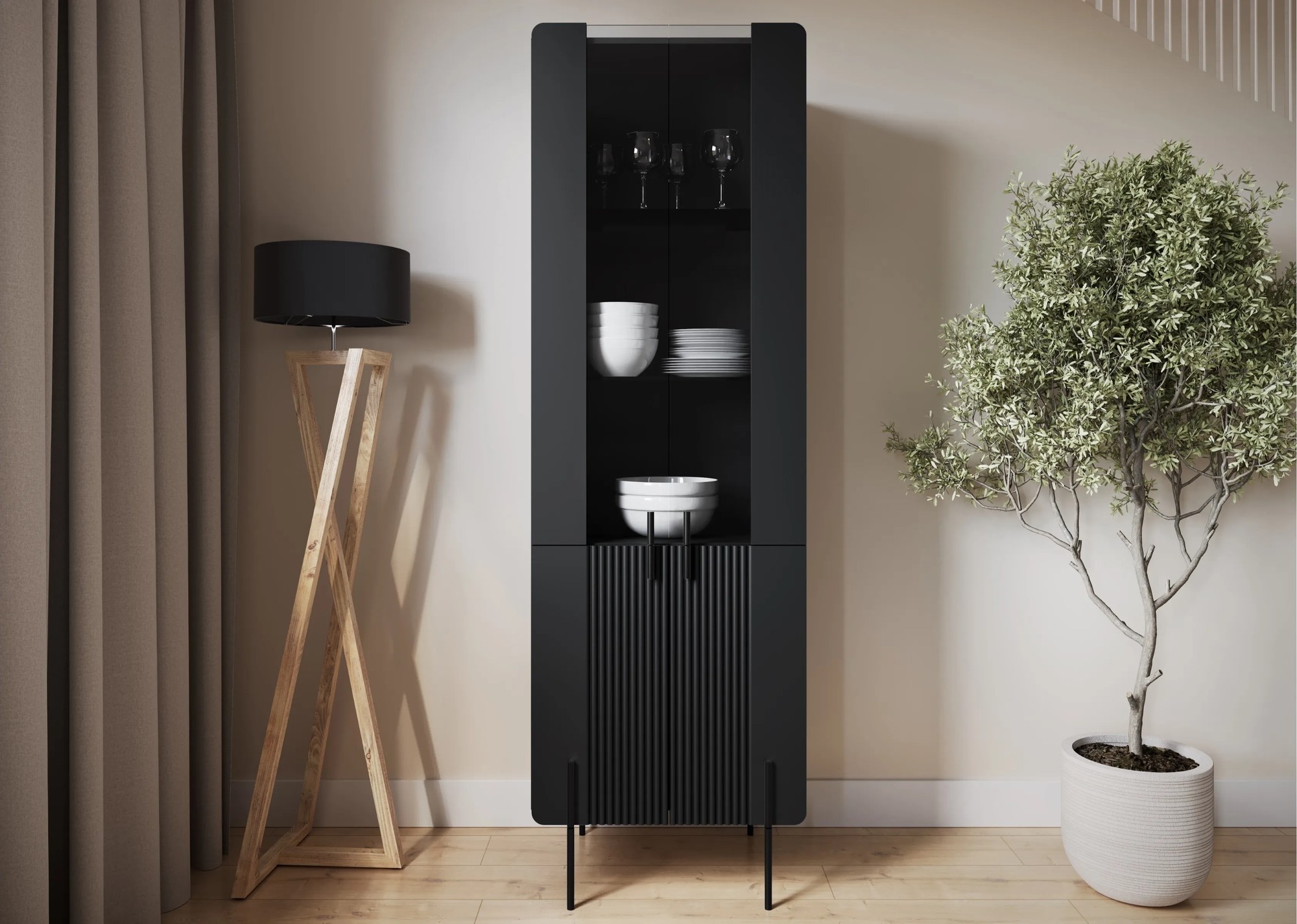 Vitrína Malmi 60 cm štvordverová - čierny mat / čierne nohy