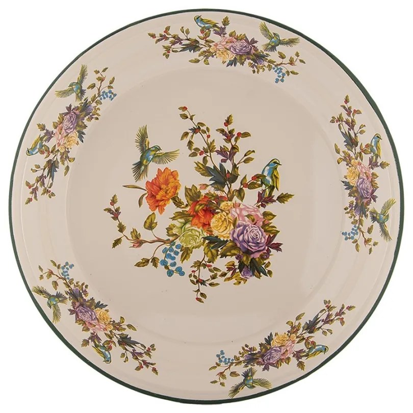 Béžový dekoračný smaltovaný tanier s kvetmi Vintage - Ø 30*3 cm