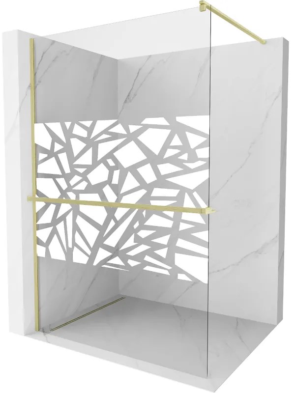Mexen Kioto+, sprchová zástena Walk-In s poličkou a vešiakom 140 x 200 cm, 8mm číre sklo biely vzor, zlatý matný profil, 800-140-121-55-85