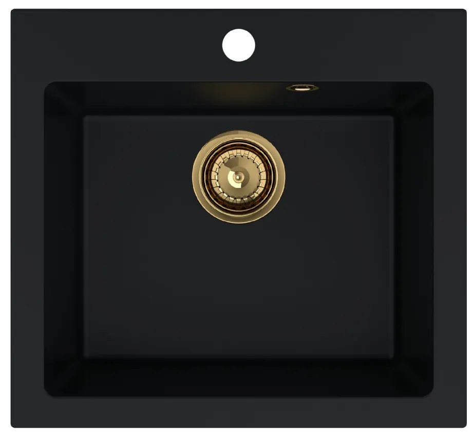 Sink Quality Ferrum 50, kuchynský granitový drez 490x450x195 mm + zlatý sifón, čierna, SKQ-FER.C.1K50.XG