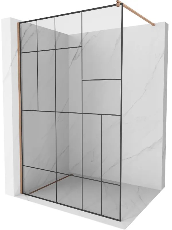 Mexen Kioto, sprchová zástena Walk-In 130 x 200 cm, 8mm číre sklo čierny vzor, medený matný profil, 800-130-101-65-78