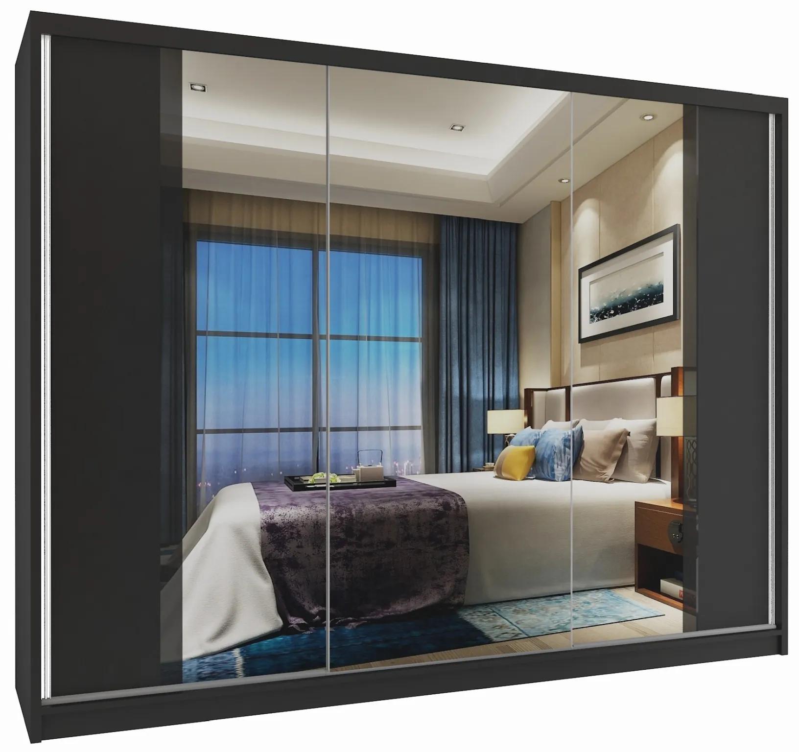 Šatníková skriňa 232 cm Belini čierny mat s posuvnými dverami a zrkadlom MV SZP4/1/1B/2B1L/B/HI