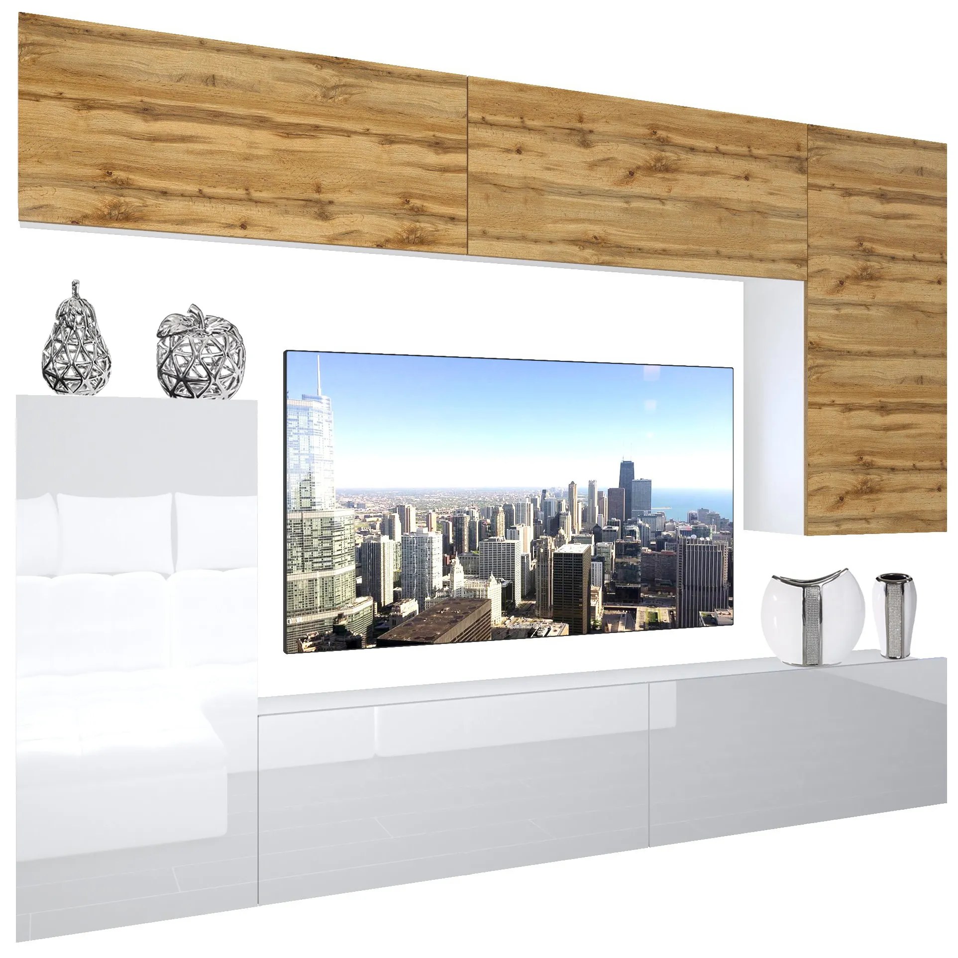 Obývacia stena Belini Premium Full Version dub wotan / biely lesk + LED osvetlenie Nexum 131