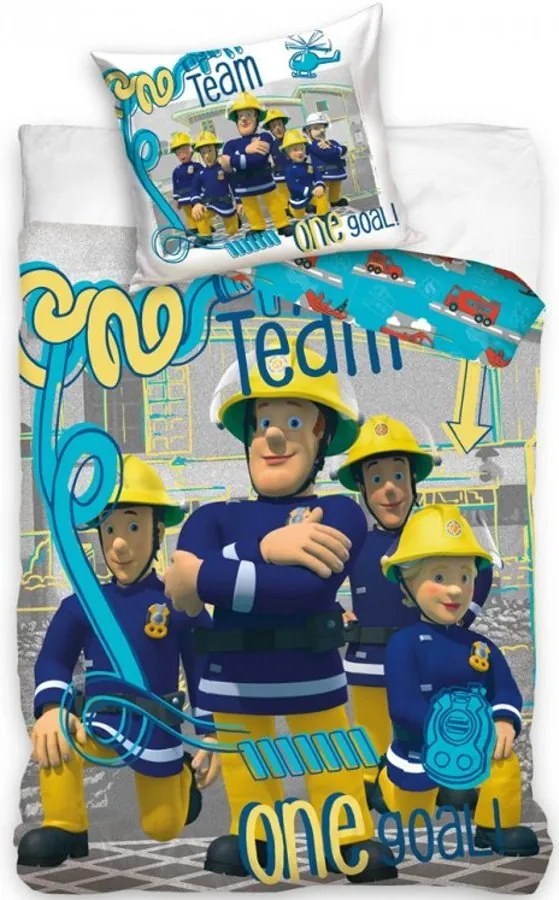 Bavlnené posteľné obliečky Požiarnik Sam - motív Team - 100% bavlna - 70 x 90 cm + 140 x 200 cm