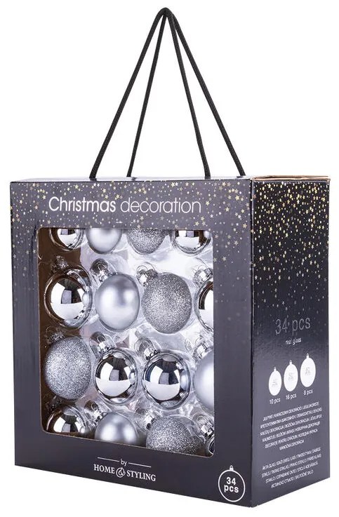 Sada sklenených vianočných ozdôb strieborná 34 ks