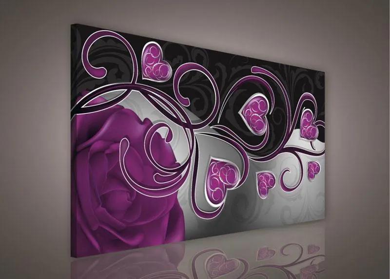 Obraz na plátně srdcia s fialovou ružou 75 x 100 cm