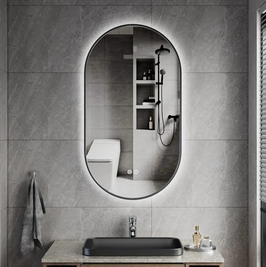Erga Freya, oválne LED zrkadlo 50x90cm v čiernom kovovom ráme, 3 farby svetla, zadné osvetlenie, vyhrievacia podložka proti zapareniu, ERG-V01-FREYA-5090-BK