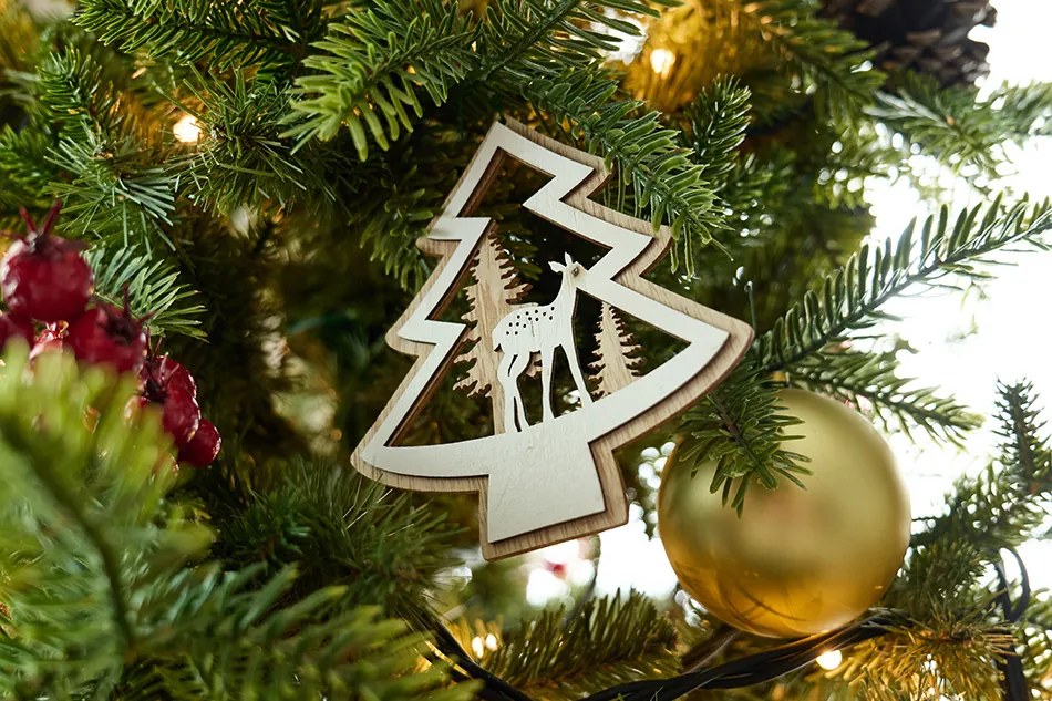 DECOLED Závesná drevená dekorácia, stromček, 13,5x12,5 cm