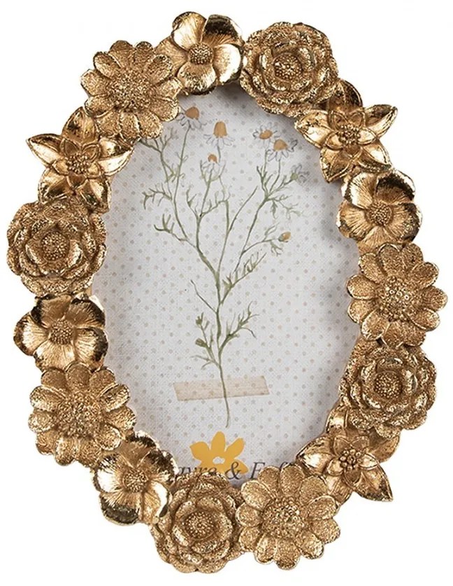Zlatý oválny fotorámik s kvetinovým okrajom - 15*2*19 cm / 10*15 cm