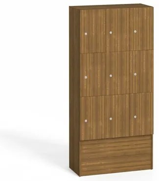 Drevená odkladacia skrinka S5 s úložnými boxami, 9 boxov, 1700 x 900 x 420 mm, cylindrický zámok, orech
