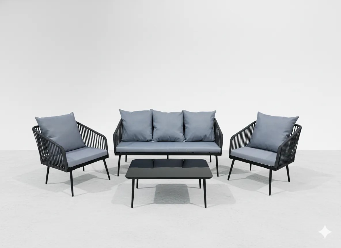 Garden Line SÚPRAVA ZÁHRADNÉHO NÁBYTKU Z TKANÉHO LANÁ (2 KRESLÁ + SOFA + STÔL) – ANTRACITOVÁ, VANKÚŠE – ŠEDÁ *8500