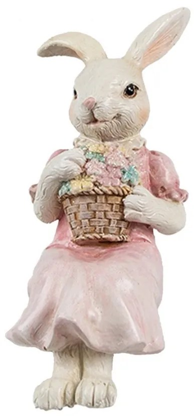 Dekorácia sediaci zajačik v ššatoch držiaci košíček - 7*5*13 cm