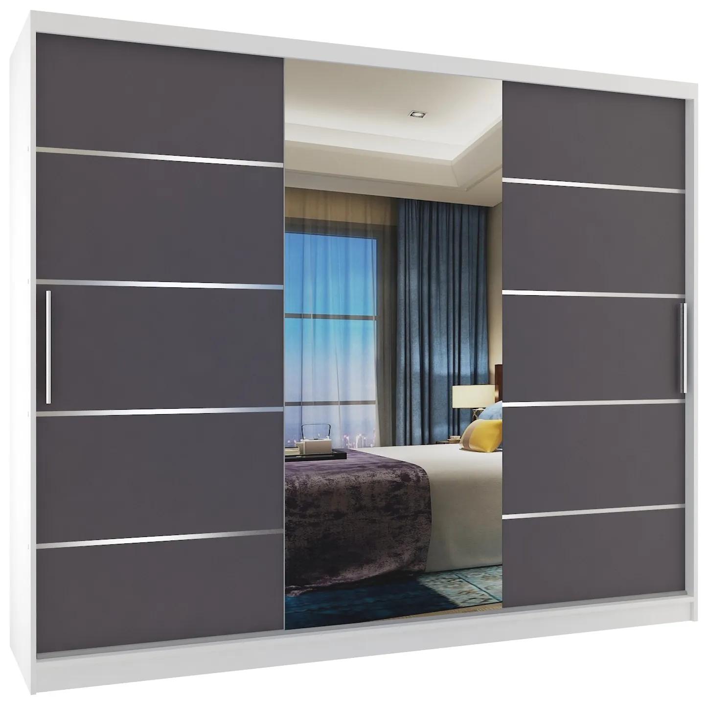 Šatníková skriňa 232 cm Belini biely mat / šedý mat s posunými dverami zrkadlom a zásuvkami MBP SZP8/0/1W/2SR1L/0/KLAL