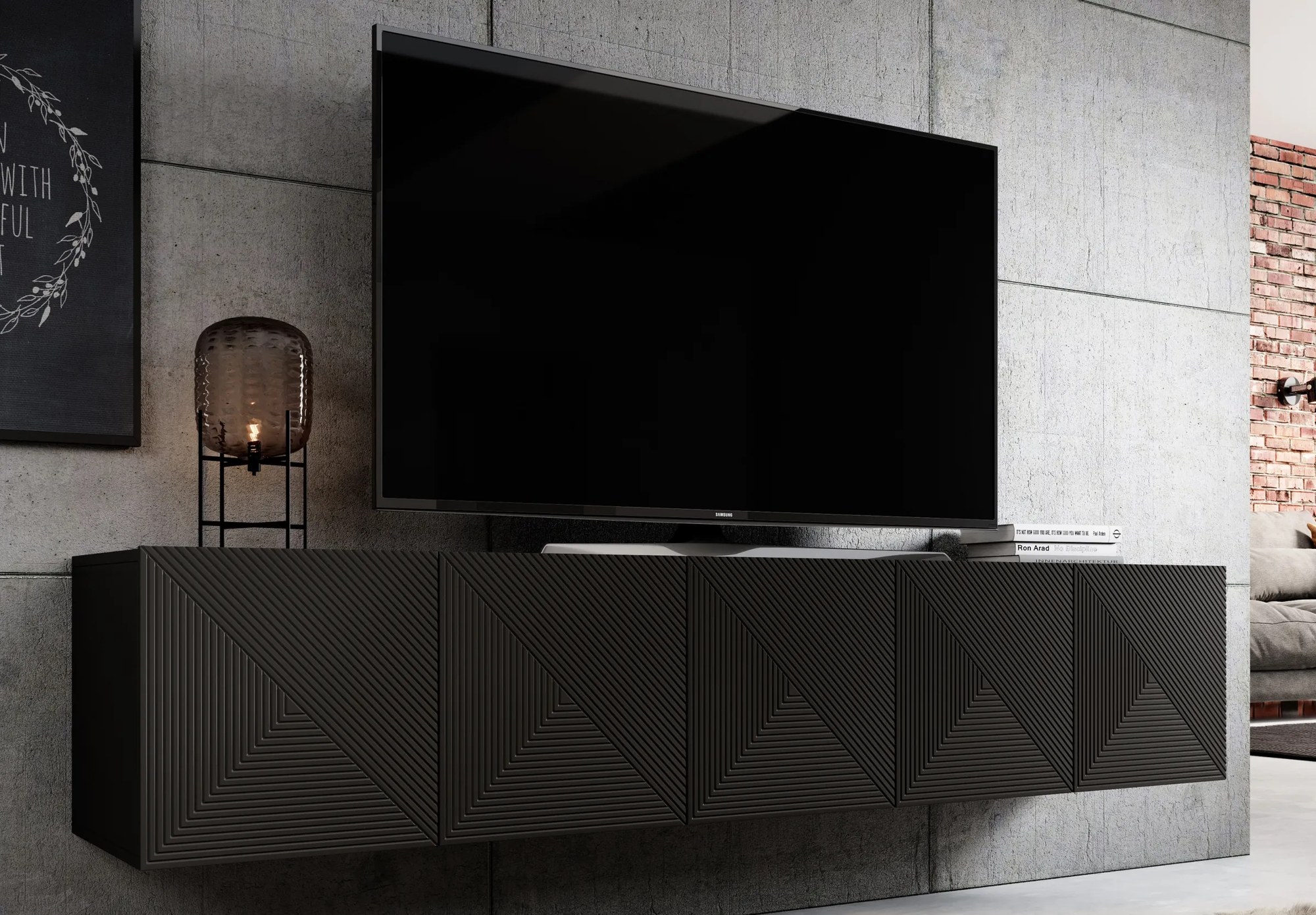 Závesná TV skrinka Asha 200 cm s ryhovaným čelom - čierny mat