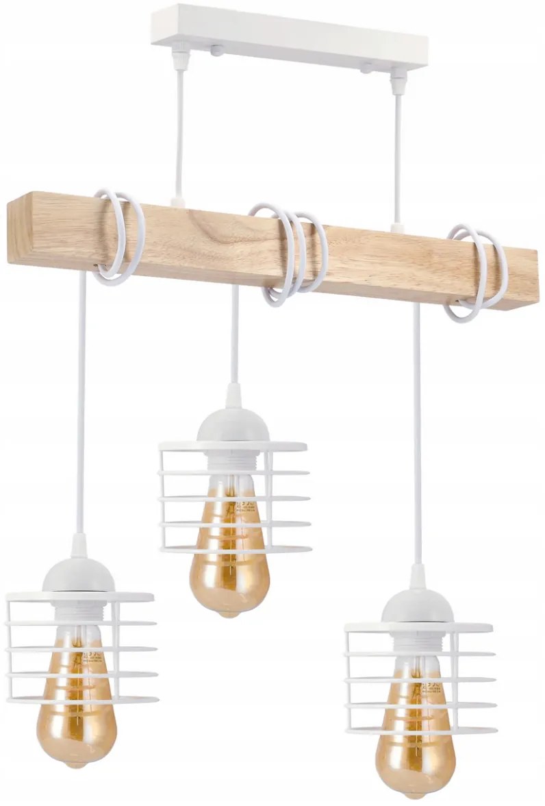 BERGE LED závesné stropné svietidlo, drevený trám, 3xE27, biela pružina