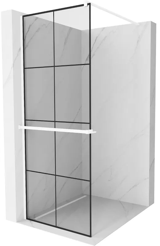 Mexen Kioto+, sprchová zástena Walk-In s poličkou a vešiakom 70 x 200 cm, 8mm číre sklo čierny vzor, biely profil, 800-070-121-20-77