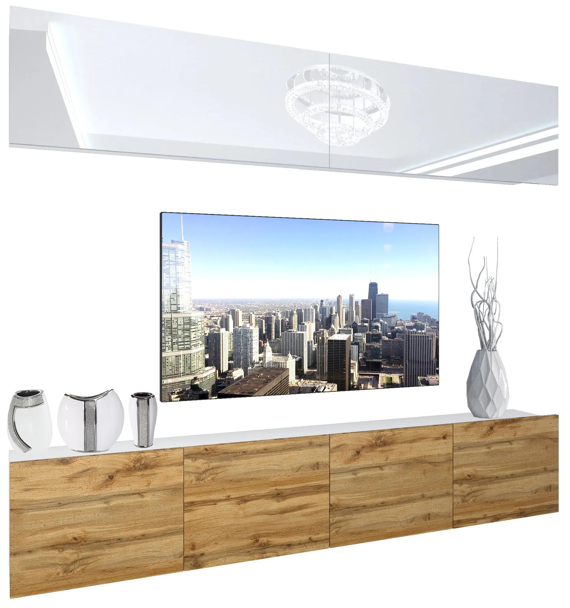 Obývacia stena Belini Premium Full Version biely lesk / dub wotan + LED osvetlenie Nexum 90