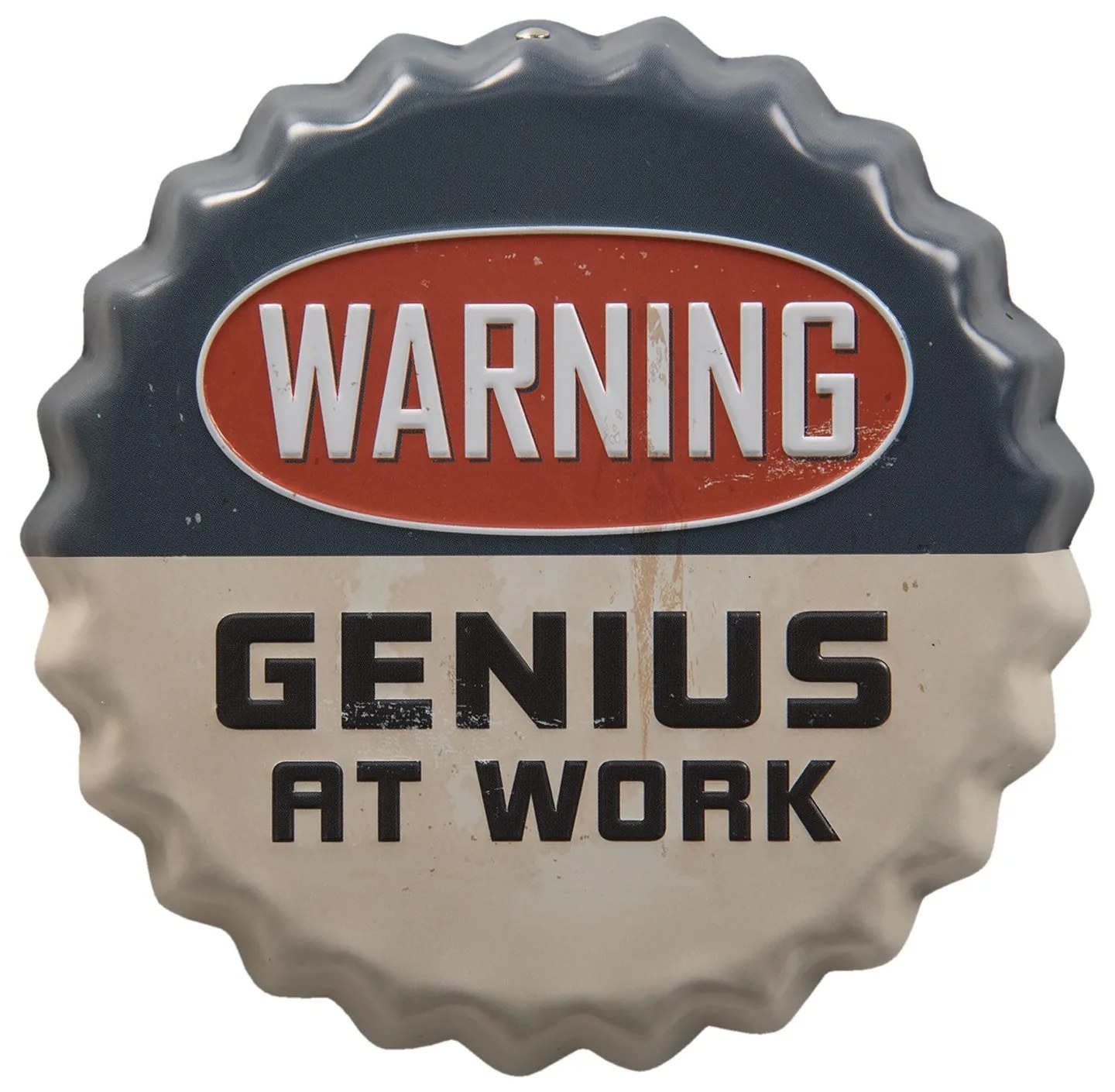 Farebná guľatá cedule WARNING GENIUS AT WORK s úmyselným odrením - 13 * 2 cm