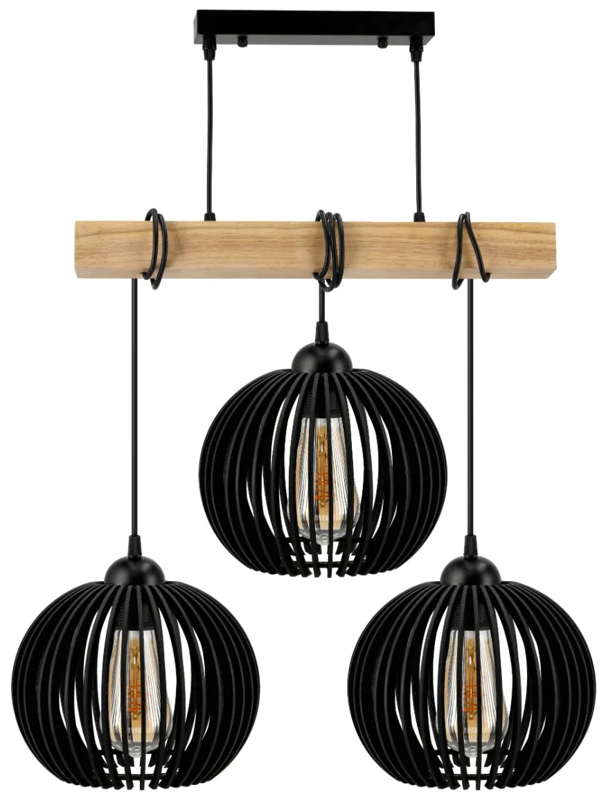 BERGE LED stropné svietidlo závesné drevený trám 3xE27 guľa - čierna