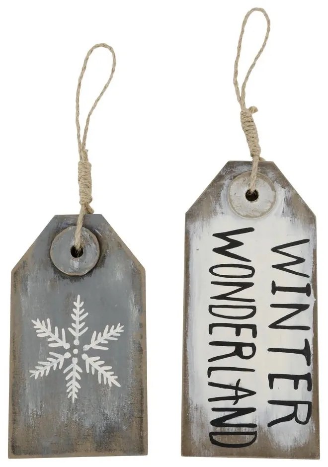 Biela a šedá antik vianočná ozdoba ceduľka Winter - 9*1,5*20 / 9*1,5*16 cm