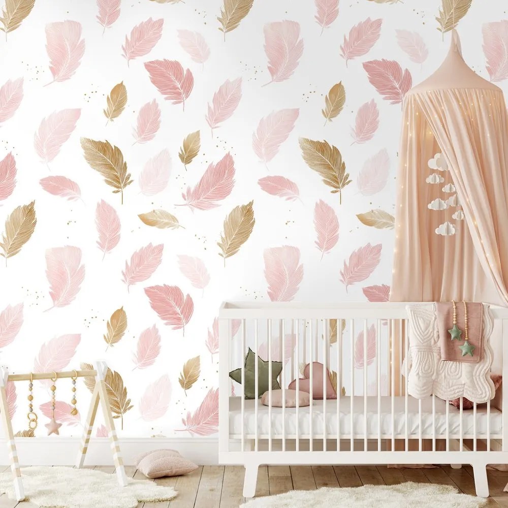 Samolepiaca tapeta ružovo-zlaté jemné pierka