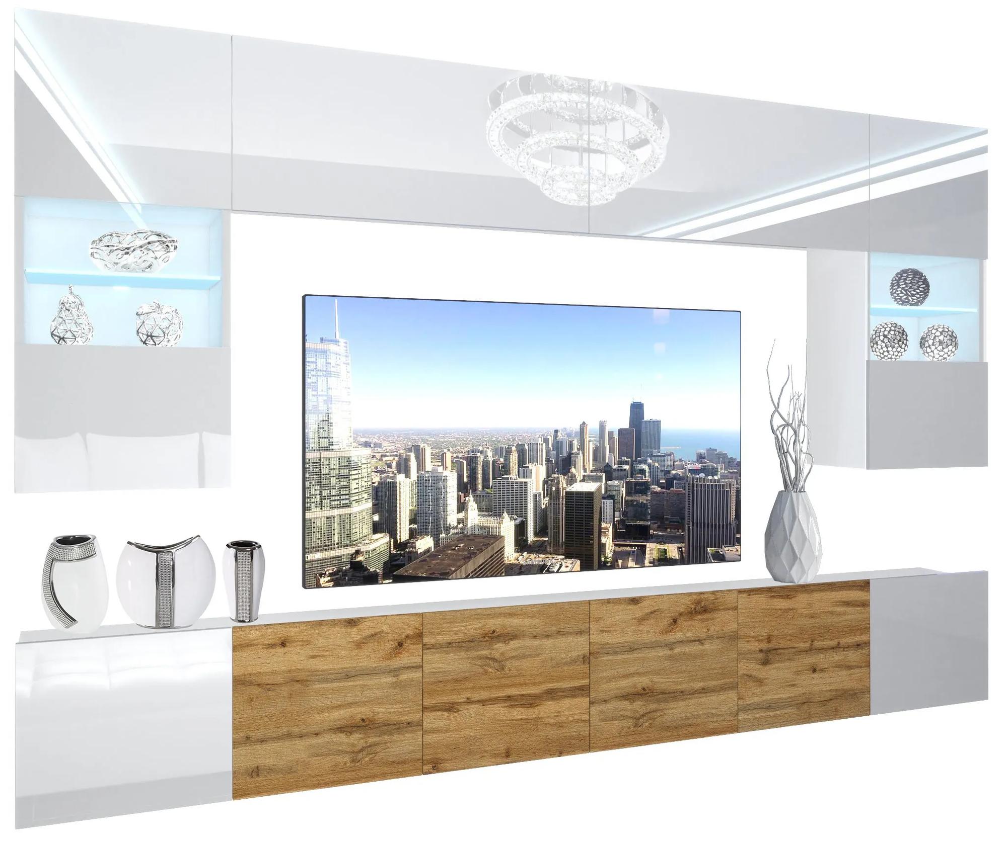 Obývacia stena Belini Premium Full Version biely lesk / dub wotan + LED osvetlenie Nexum 8