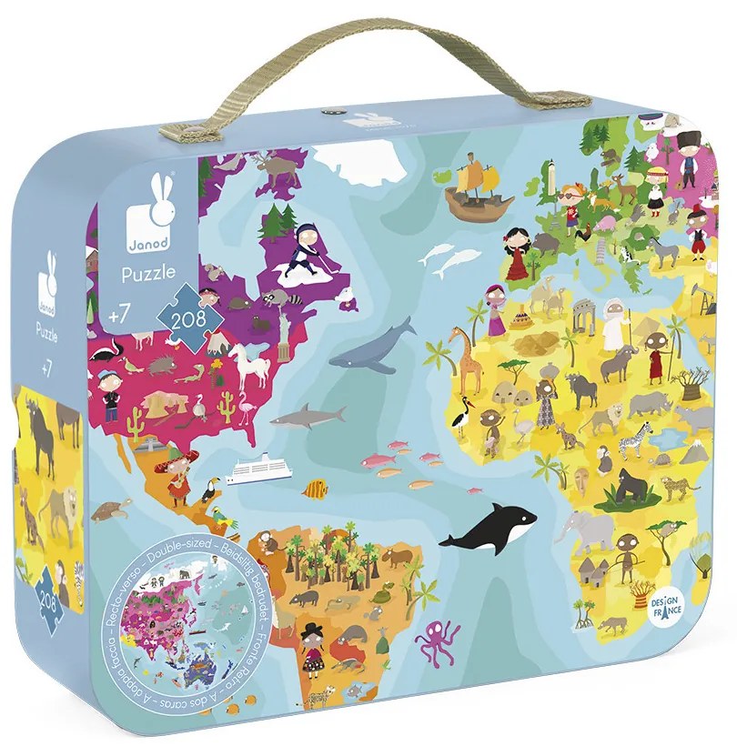Detské obojstranné puzzle v kufríku - Zemeguľa - 208 ks