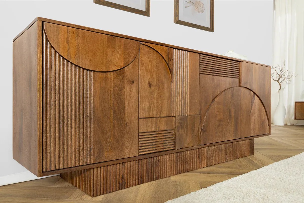 Komoda ART DECO 170cm 3D mangové drevo, údená hnedá