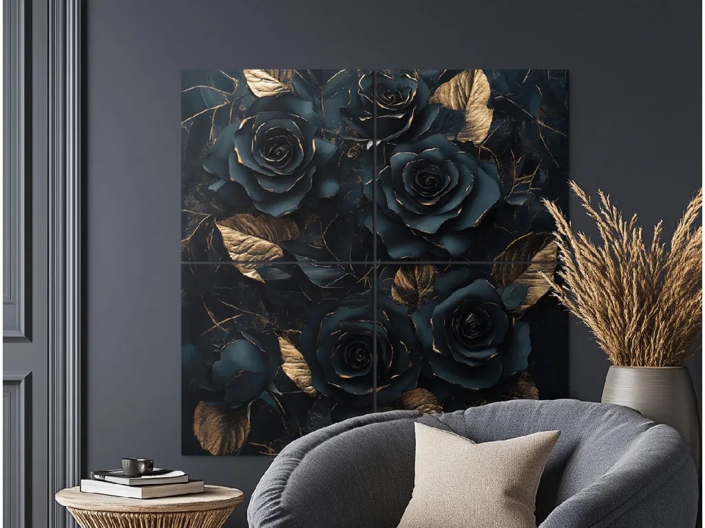 drevko | Štvordielny obraz Zlatý tieň ruží 100 x 100 cm