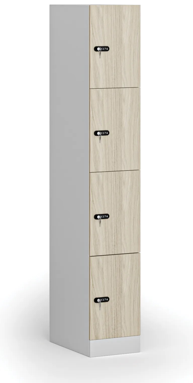 Šatníková skrinka S1 s úložnými boxmi, 4 boxy, 1850 x 300 x 500 mm, demont, mechanický kódový zámok, laminované dvere, dub prírodný