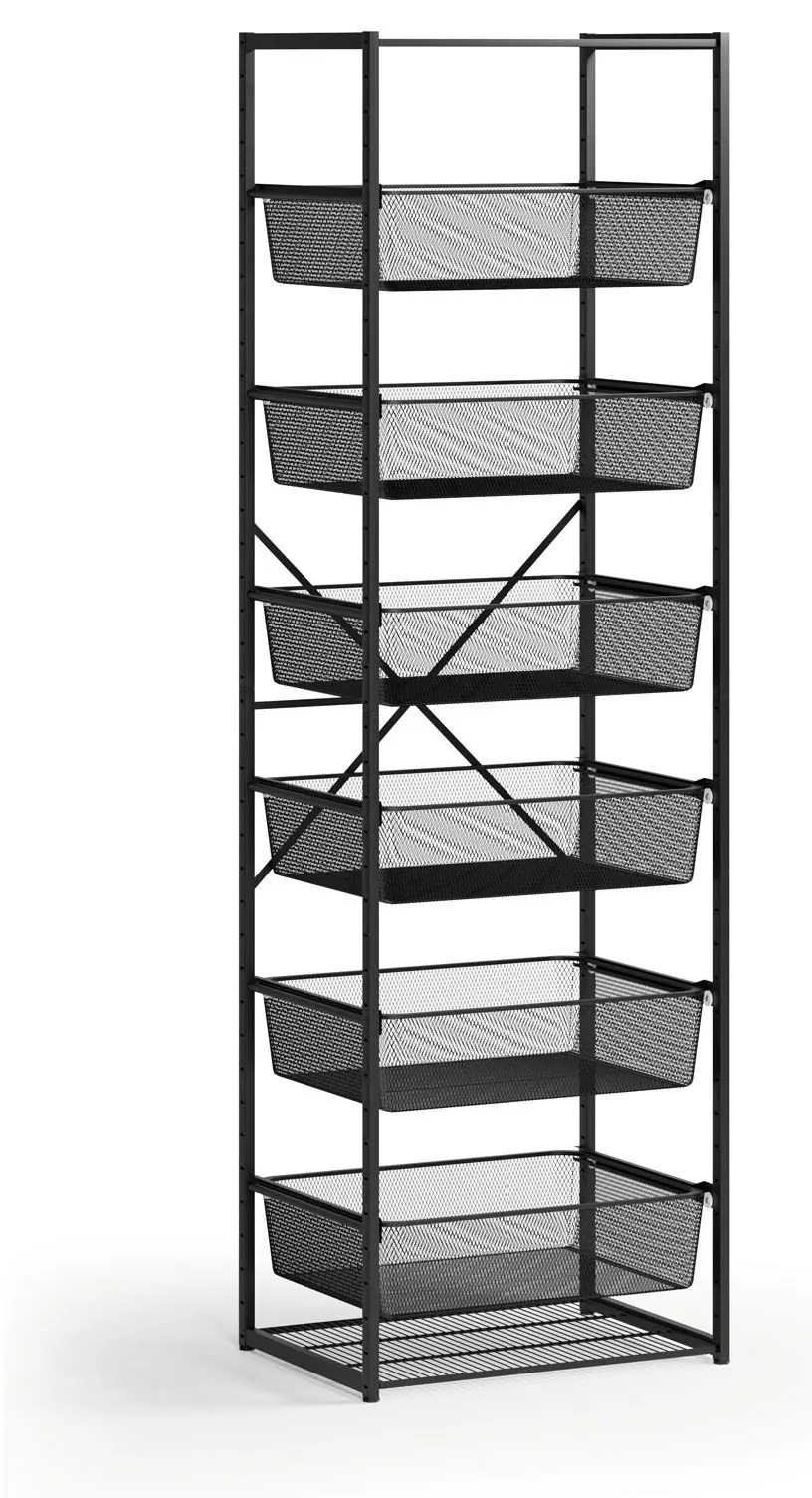 Otvorený košový regál, 6x koš s jemným sitom, TYP V, 600 × 460 × 2020 mm, čierna