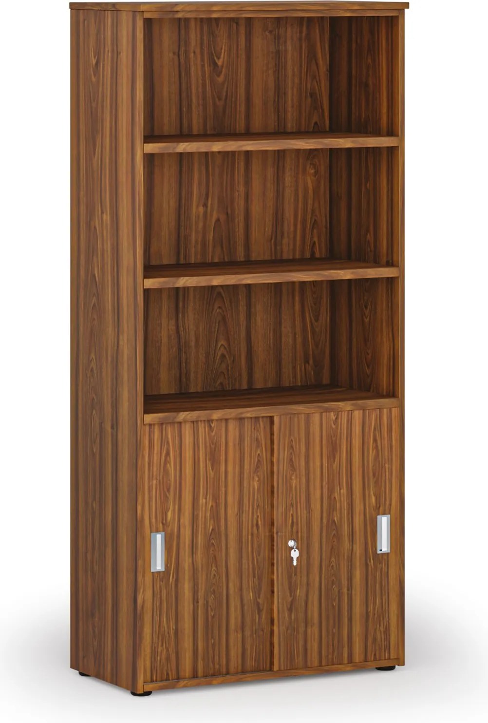Kombinovaná kancelárska skriňa PRIMO WOOD, zasúvacie dvere na 2 poschodia, 800 x 420 x 1781 mm, orech