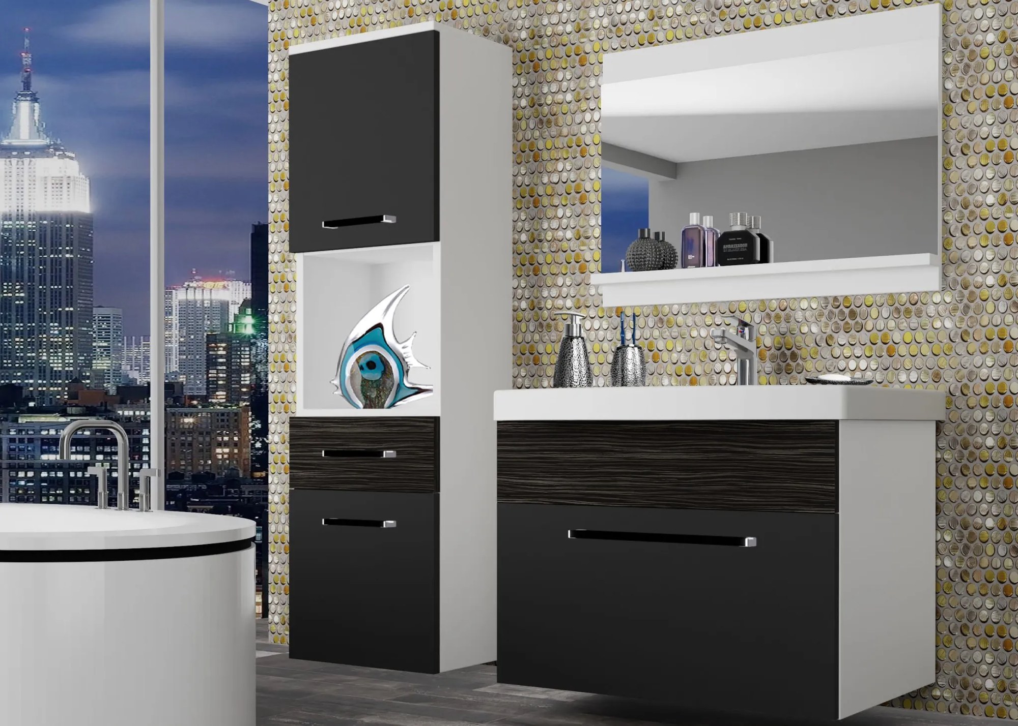 Kúpeľňový nábytok Belini čierny mat / eben kráľovský + umývadlo + zrkadlo ROD M 3/0/W/BHK/0/ZW