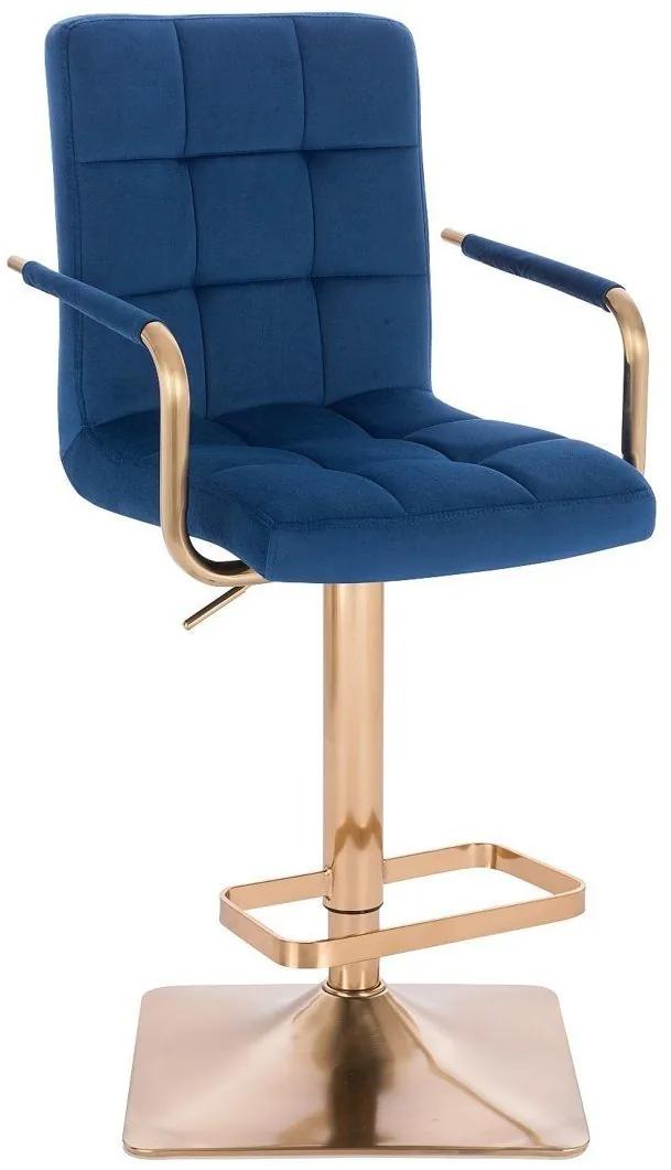 LuxuryForm DESIGN Barová stolička VERONA GOLD VELUR na zlatej hranatej podstave - modrá