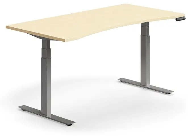 Výškovo nastaviteľný stôl QBUS, s výrezom, 1600x800 mm, strieborný rám, breza