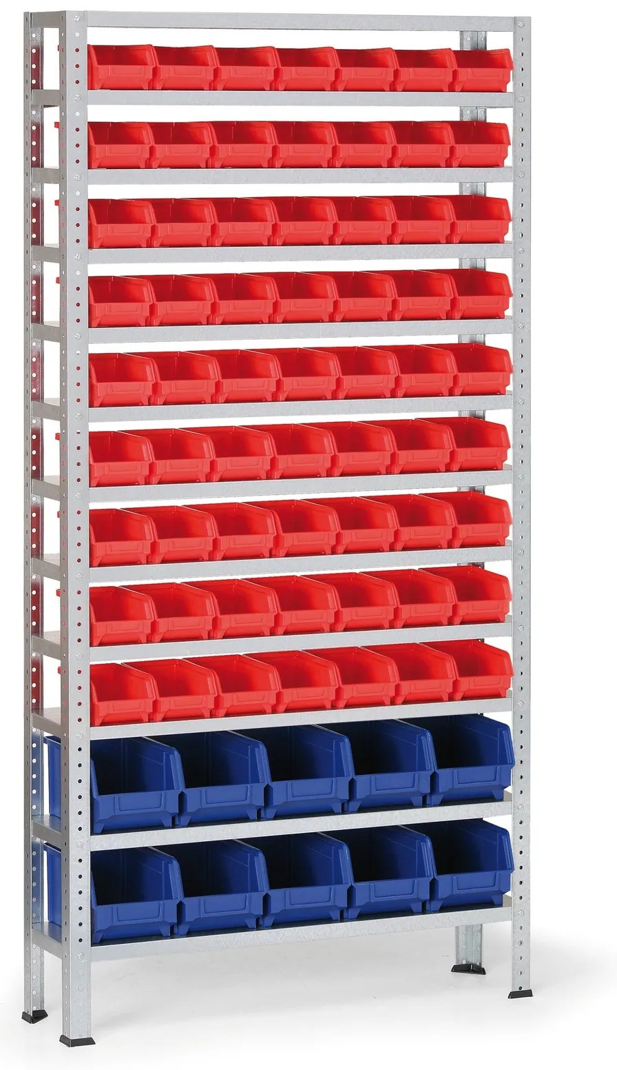 Regál s plastovými boxmi BASIC, 1730 x 850 x 300 mm, 63x box A, 10x box B